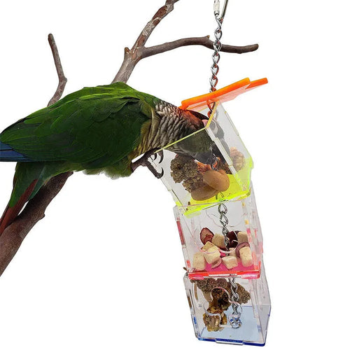 Clear acrylic bird foraging toy measuring 5x5x32cm for parrot enrichment with treats