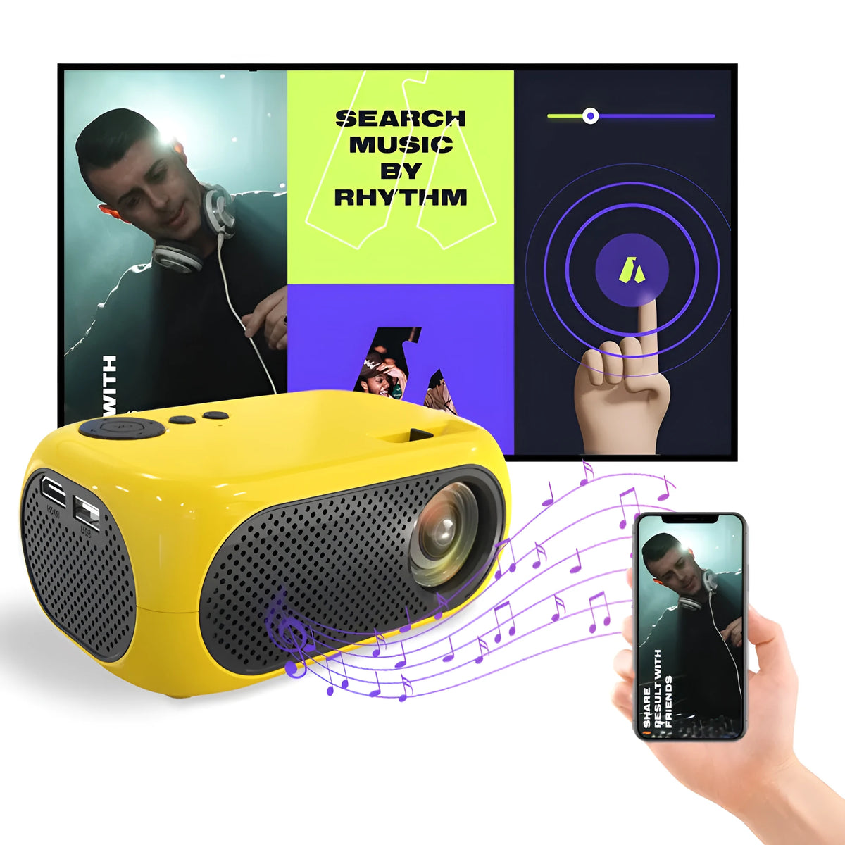 M24 micro mini projector in gold or white with power adapter and AV cable