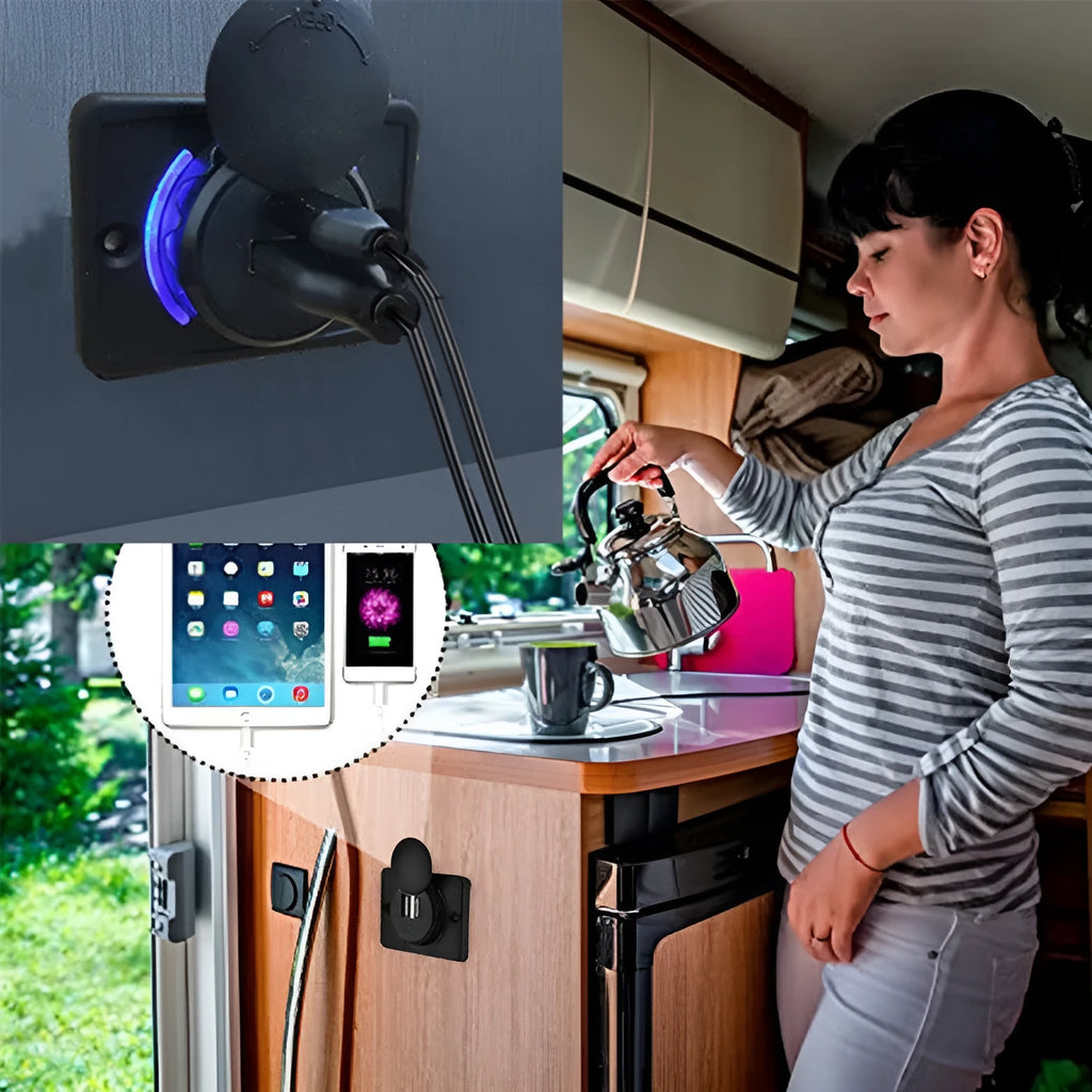 Black 12V dual USB car charger for recreational vehicle dashboard installation