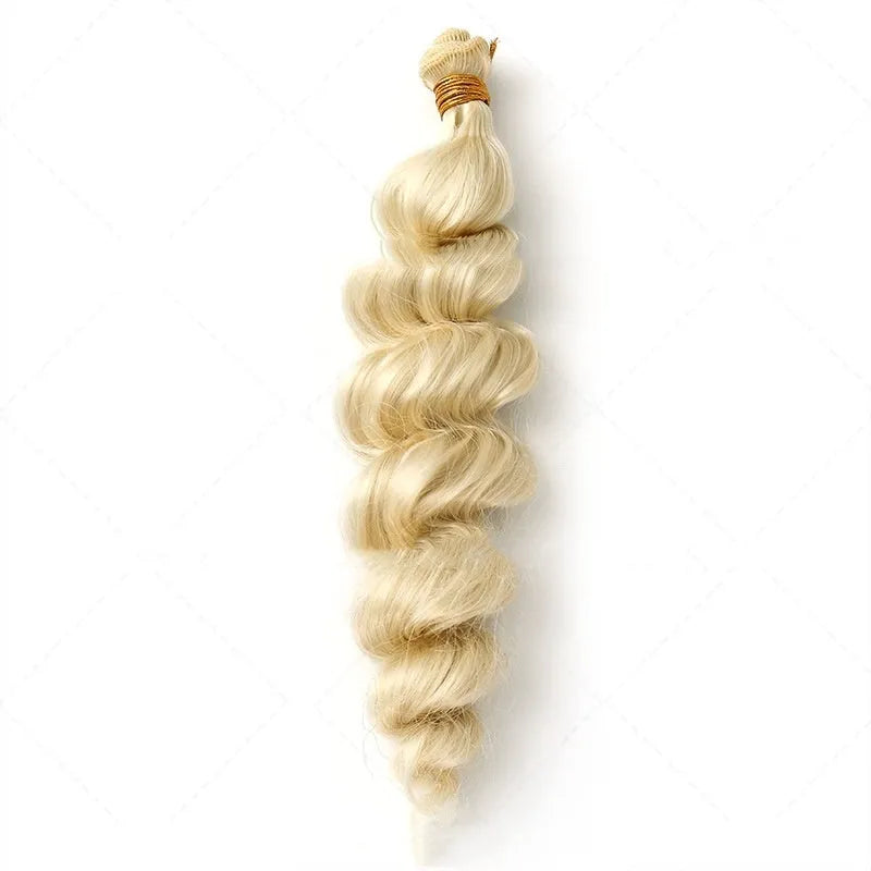Golden women's synthetic wig with long hair weft, shown in 18, 20, and 22-inch length options.