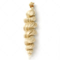 Golden women's synthetic wig with long hair weft, shown in 18, 20, and 22-inch length options.