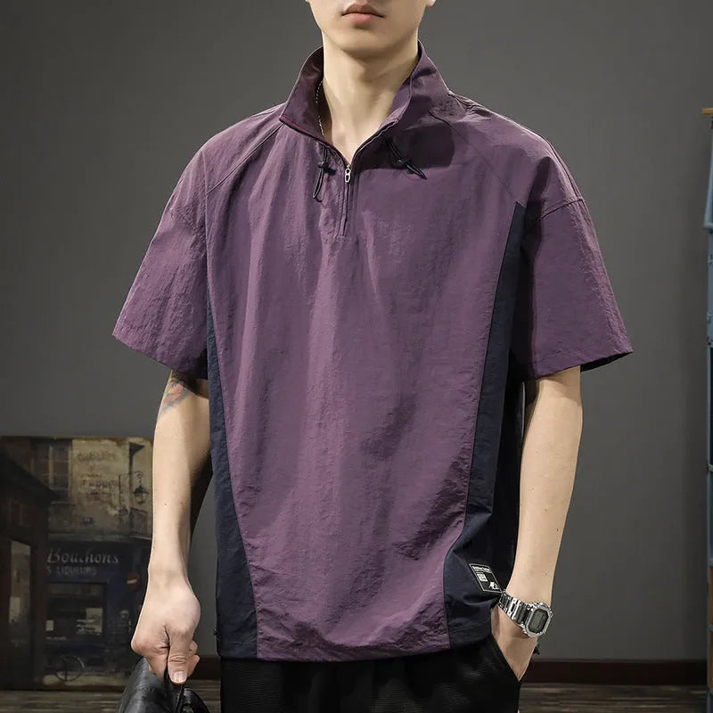Men's brown half zipped stand collar shirt in Vinylon ice silk fabric