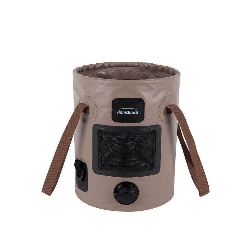 Portable folding fishing bucket in various colours with 25 litre capacity and optional mesh net pocket