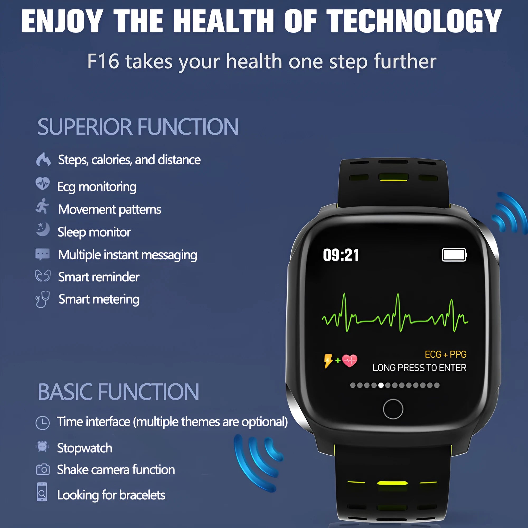 F16 Smart Watch with ECG monitor on a silicone strap, showing the 43mm IPS touchscreen display.