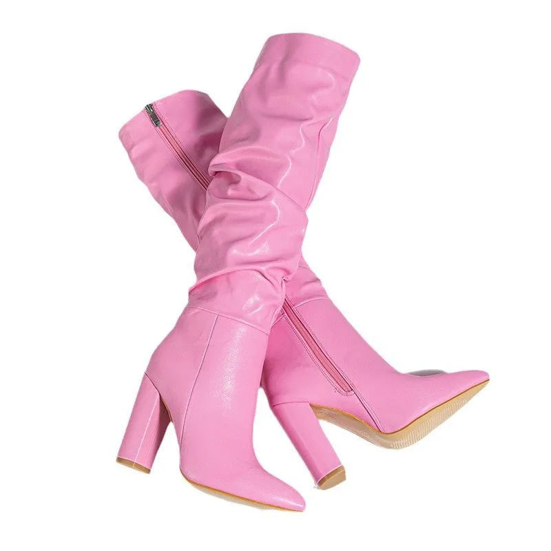 White women's long pointed high-heel boots with a side zip on a white background.