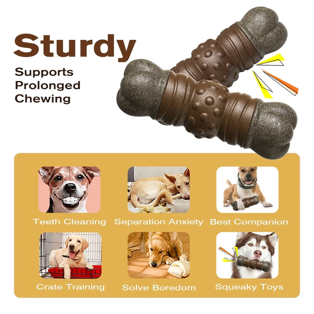 Wood colour plastic dog dental toy shaped like a bone with textured cleaning surfaces