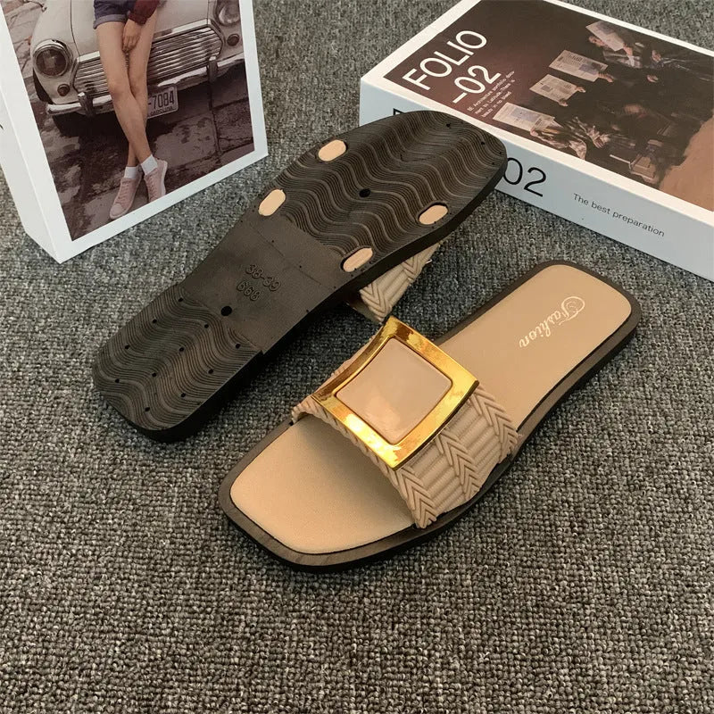 Women's casual flat slippers in apricot, black, or khaki with a waterproof PVC sole.