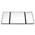 Silver car folding makeup mirror shown both closed at 15.5cm and open at 30.5cm width