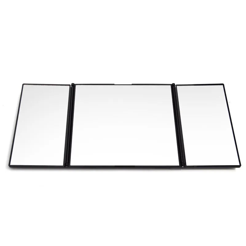 Silver car folding makeup mirror shown both closed at 15.5cm and open at 30.5cm width