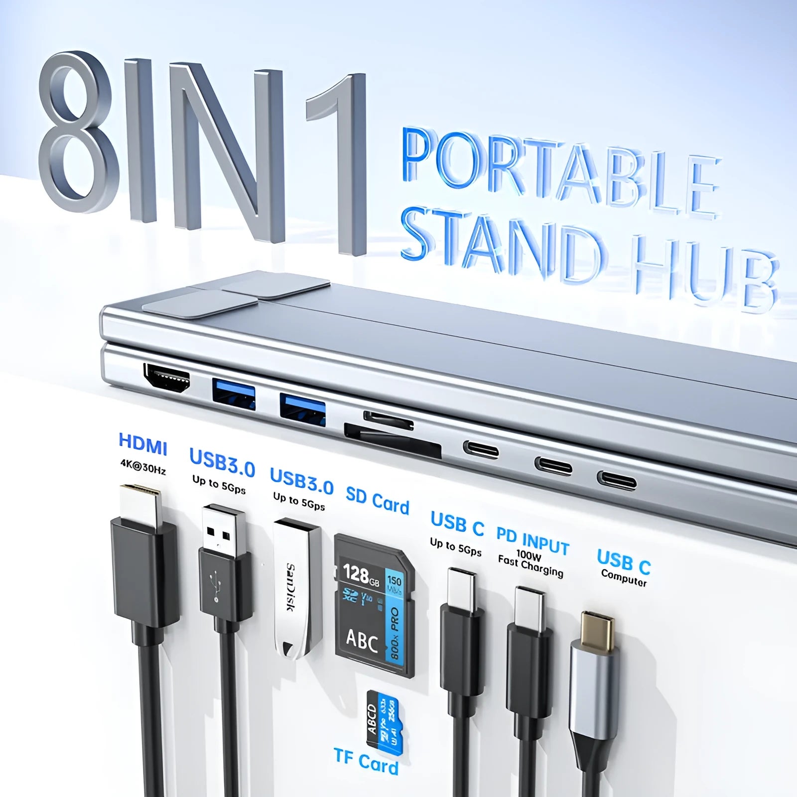 Aluminium alloy folding laptop docking station stand with multiple interface ports