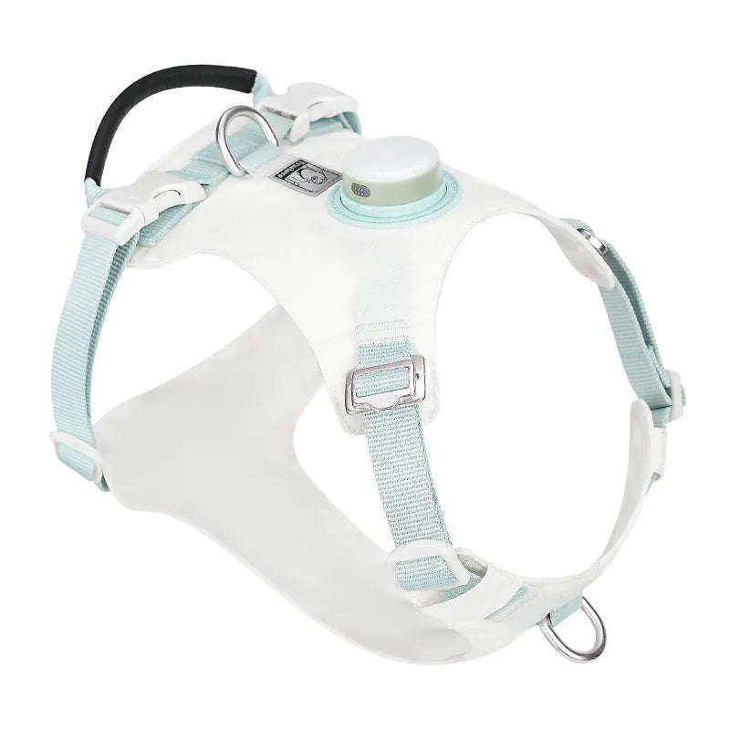 LED dog chest harness in light purple colour showing chest strap design and integrated light for nighttime visibility