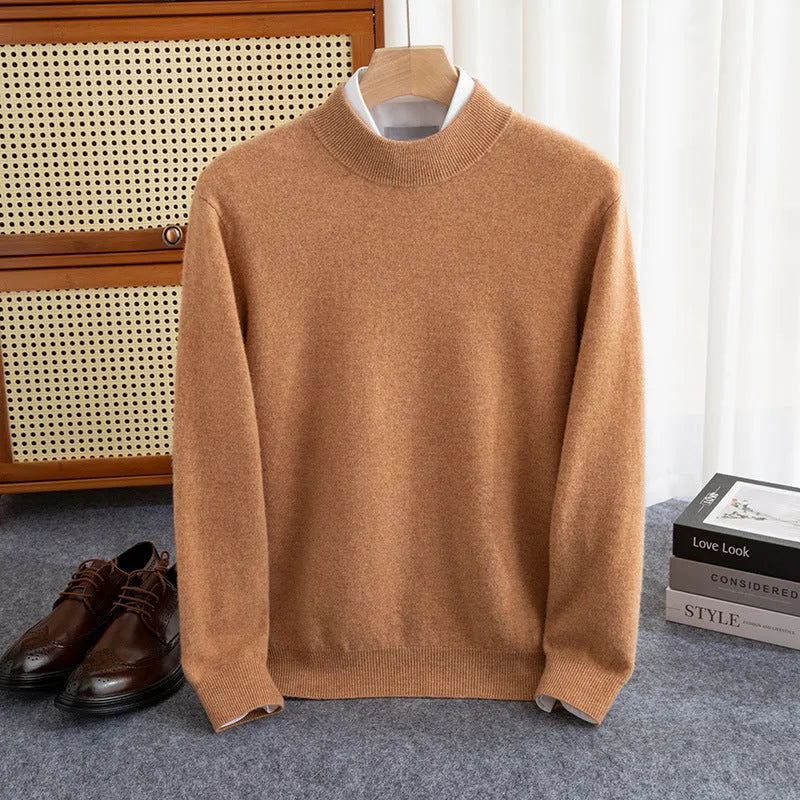 Men's half turtleneck wool sweater in a loose fit, shown in a range of colour options.