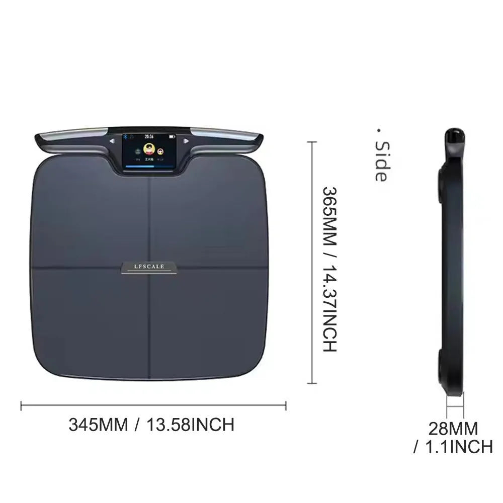Black eight-electrode body fat intelligent scale showing display and platform