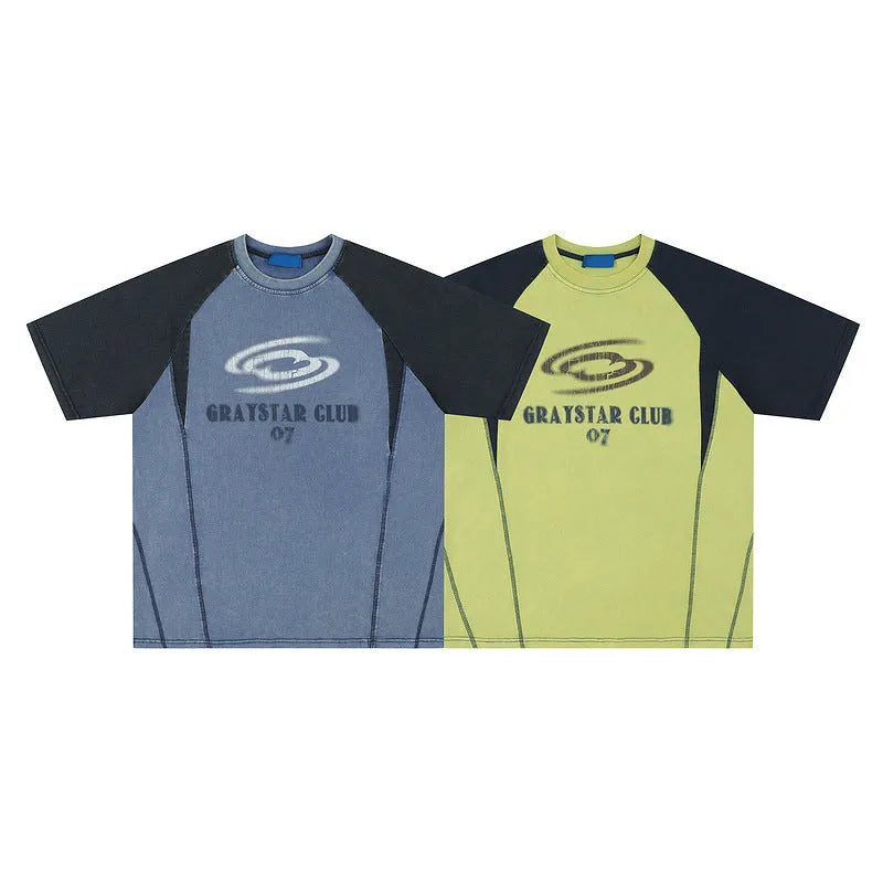 Men's blue hip hop letter print t-shirt with raglan sleeves showing loose fit design