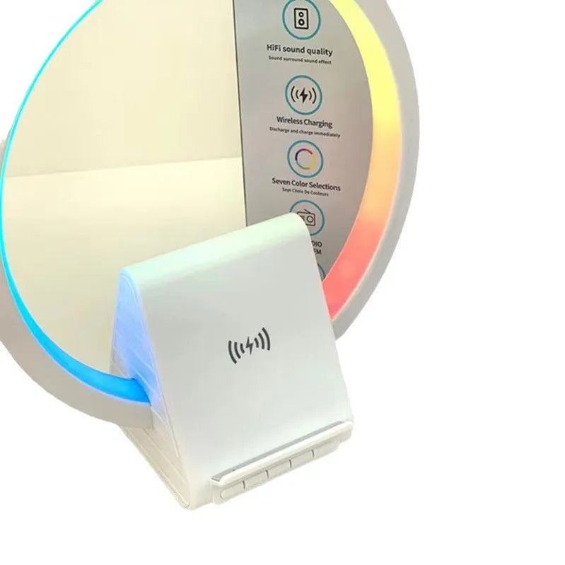 White Bluetooth speaker with ambient lighting and wireless charging pad measuring 225x200x10mm