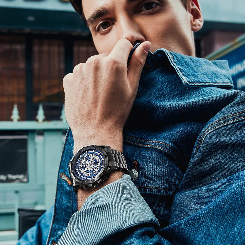 Men's waterproof luminous quartz watch with a steel belt, shown in black, blue, gold, and silver colour options.