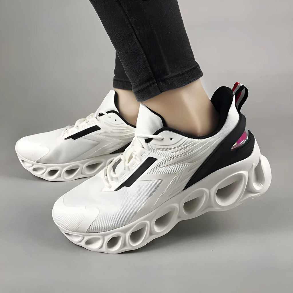 Men's low-top breathable mesh casual sports shoes in black, white, and dark blue on a white background.