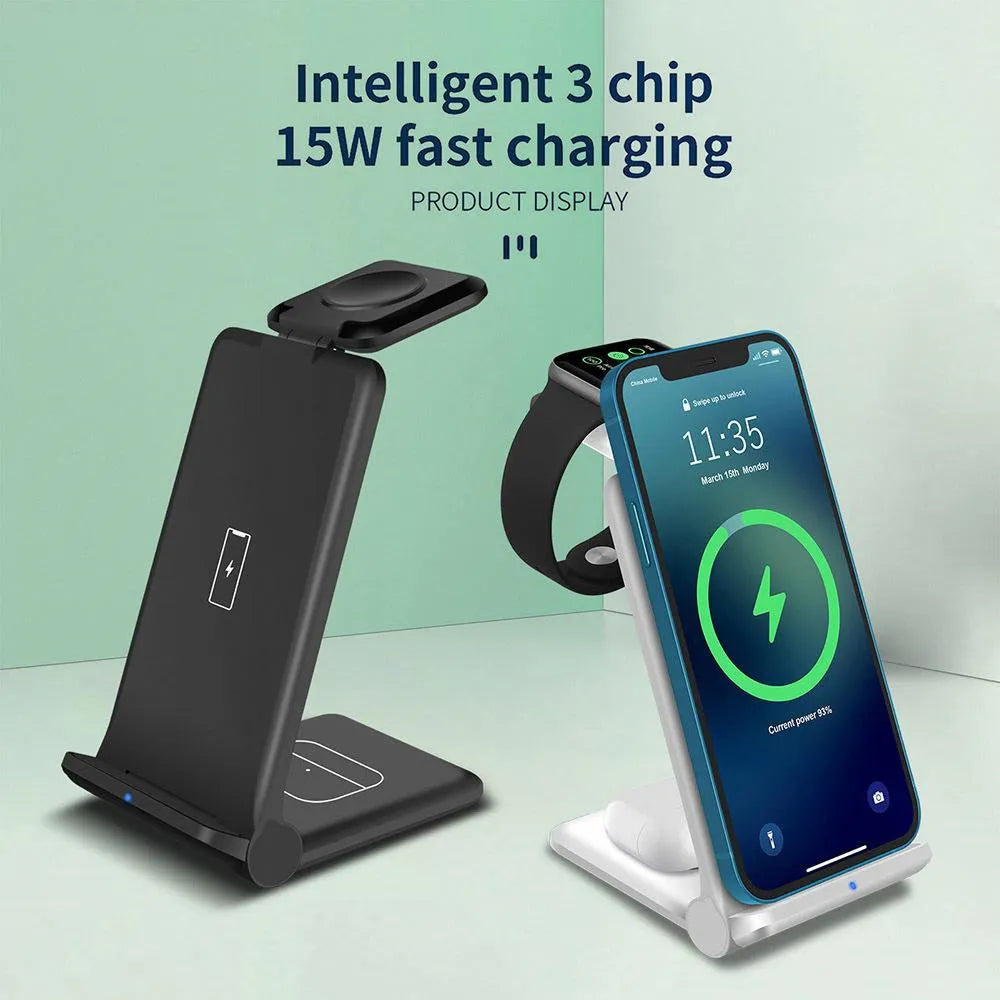 White 3-in-1 wireless charging station showing phone, Apple Watch and AirPods charging simultaneously on a desk.