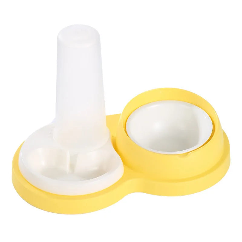 Grey pet double feeding bowl with raised design and non-slip base showing food and water compartments