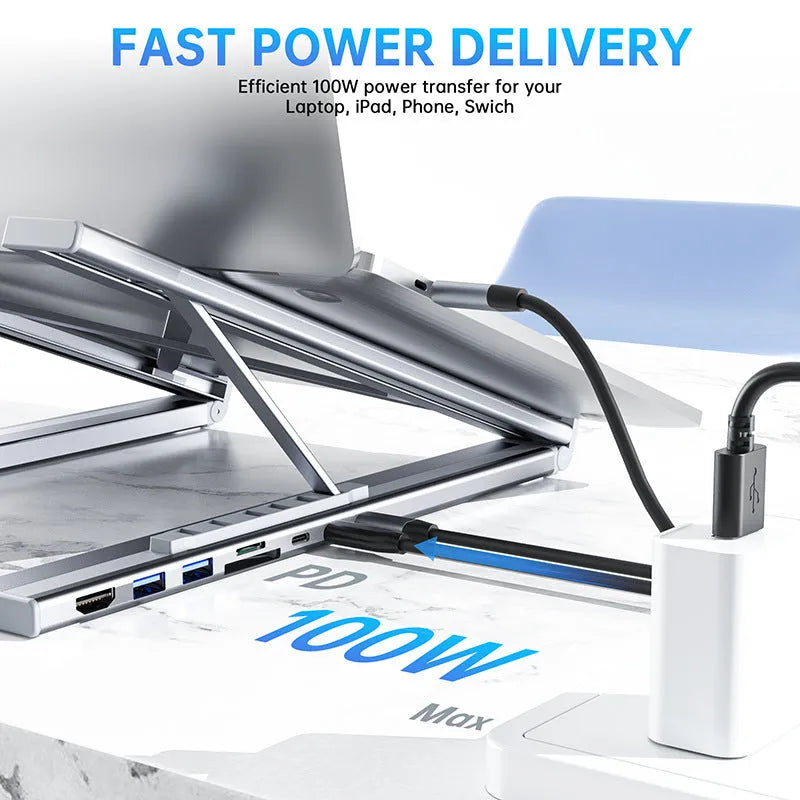 Aluminium alloy folding laptop docking station stand with multiple interface ports