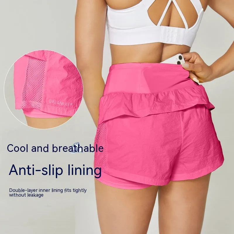 Women's loose cotton blend quick-drying sports shorts shown in multiple colours: white, black, blue, yellow, and pink.