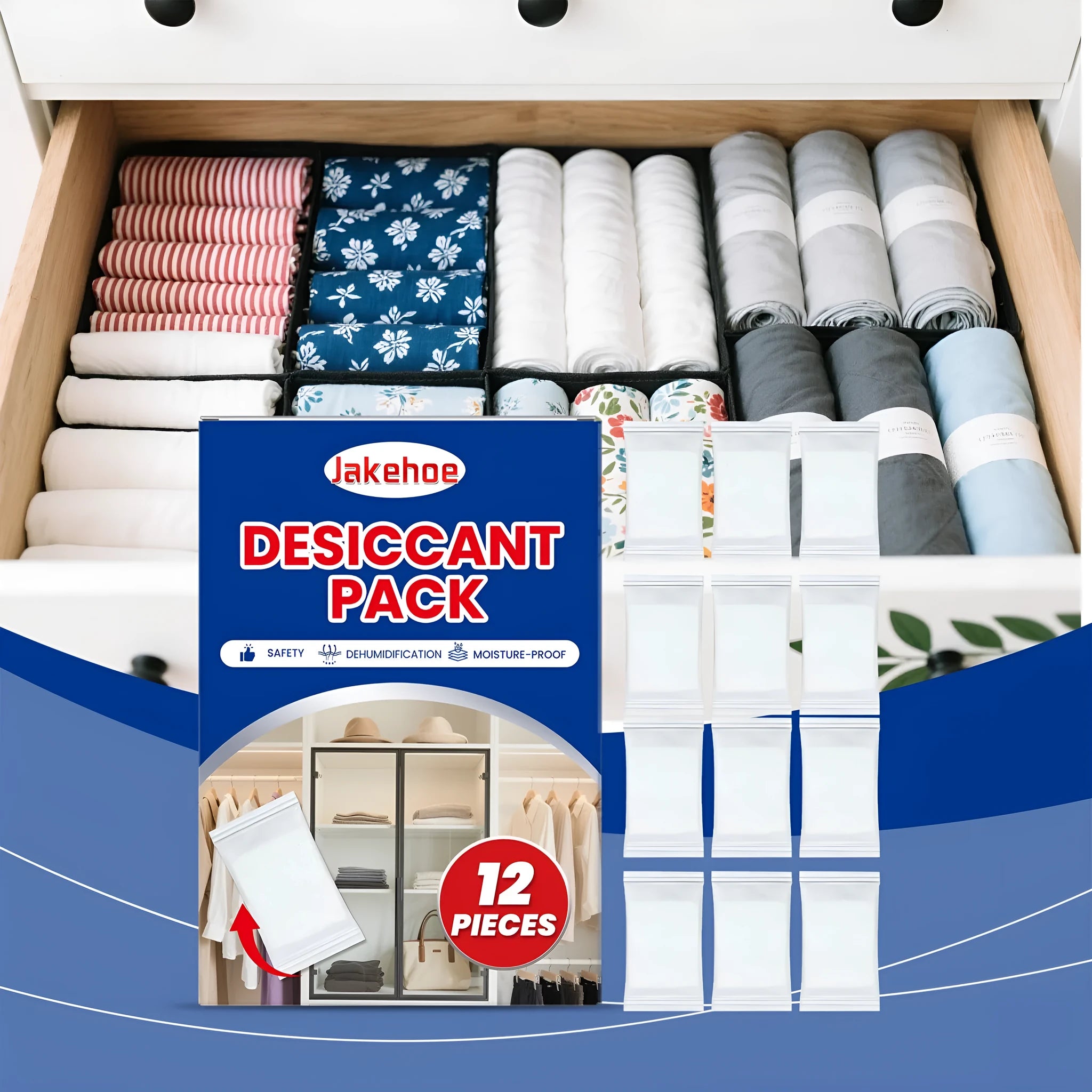 Pack of twelve white calcium chloride desiccant bags for household moisture and odour control.