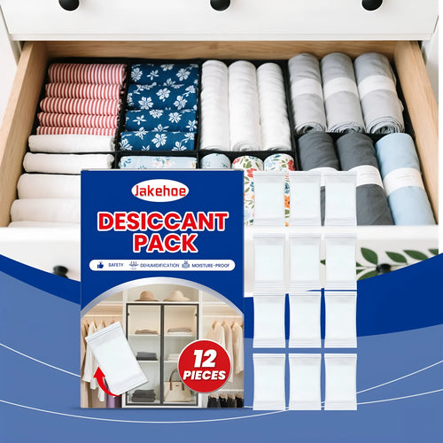 Pack of twelve white calcium chloride desiccant bags for household moisture and odour control.