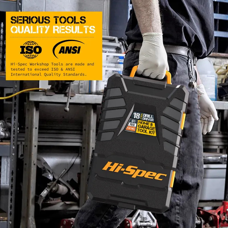 Grey-yellow case open to show 82-piece chrome-vanadium steel tool set for home repair.