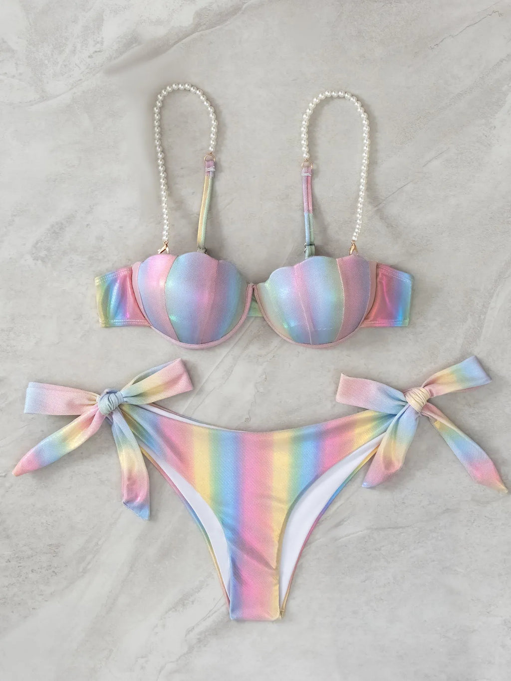 Women's Shell Rainbow Bikini Swimsuit with adjustable ties and colourful pattern