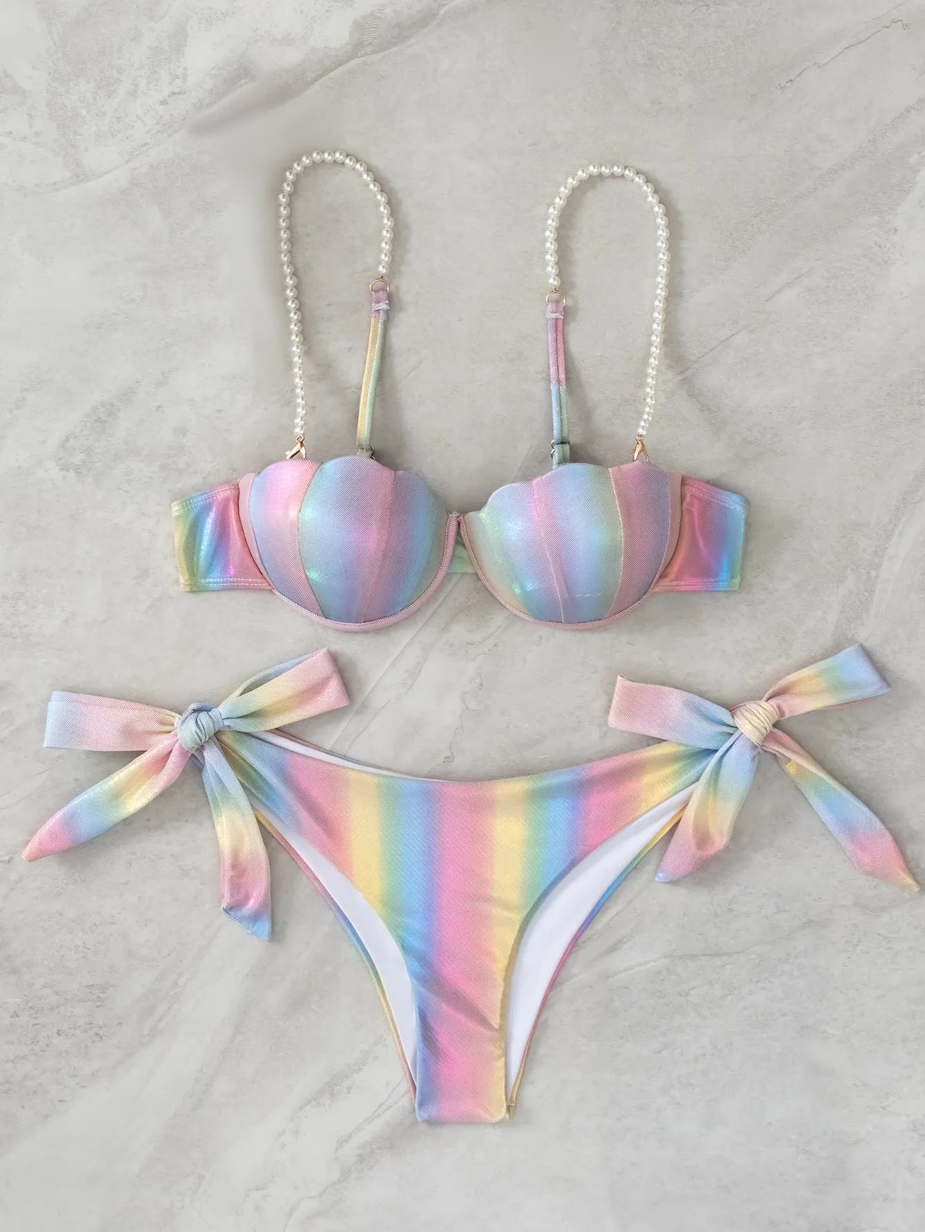 Women's Shell Rainbow Bikini Swimsuit with adjustable ties and colourful pattern