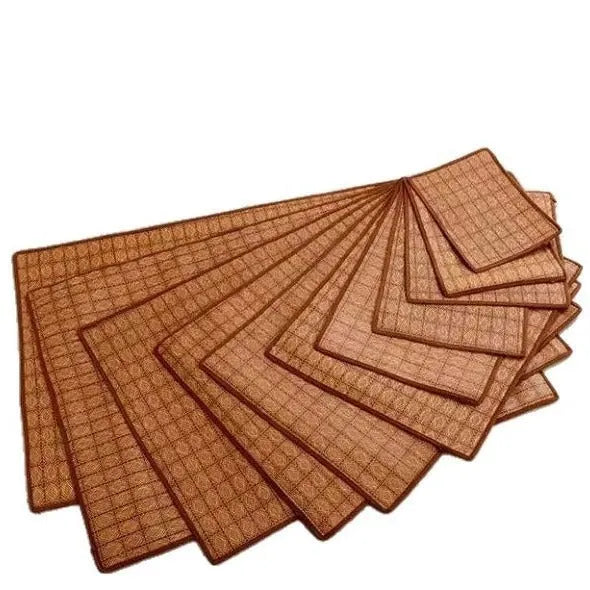 Brown woven rattan fibre dog cooling mat on a floor, shown in a large size.