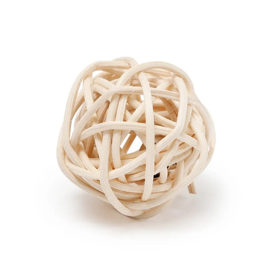 Two cat toys: hollow rattan ball and faux feather ball with measurements shown
