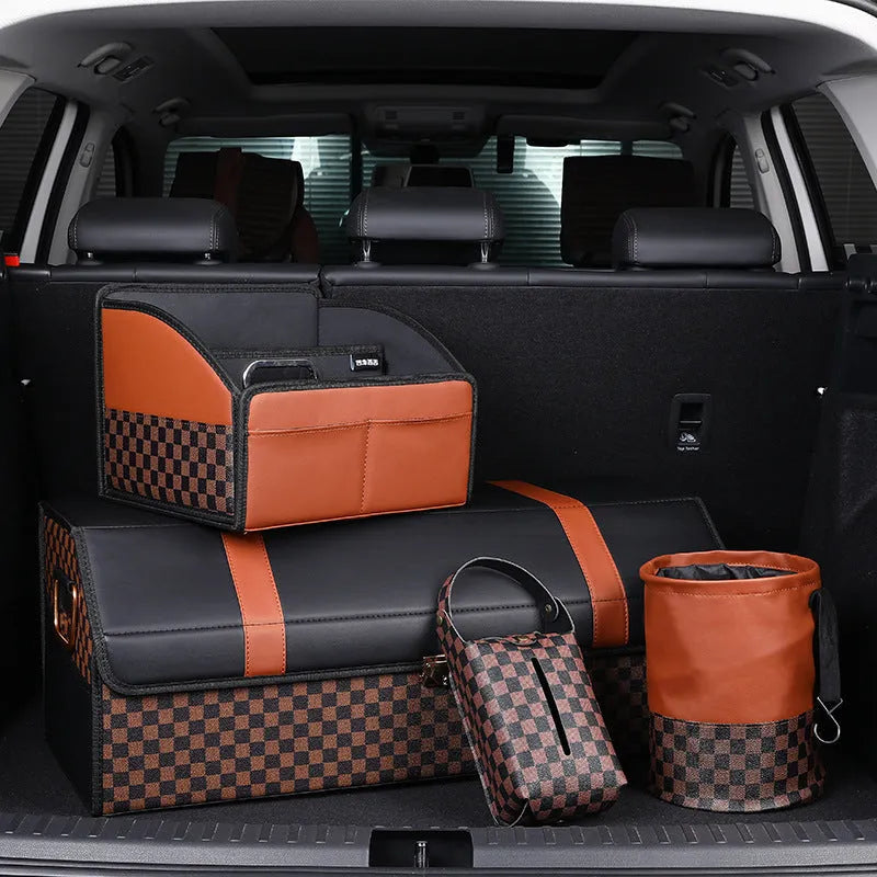 Black retractable leather car rubbish bin showing collapsed and expanded positions