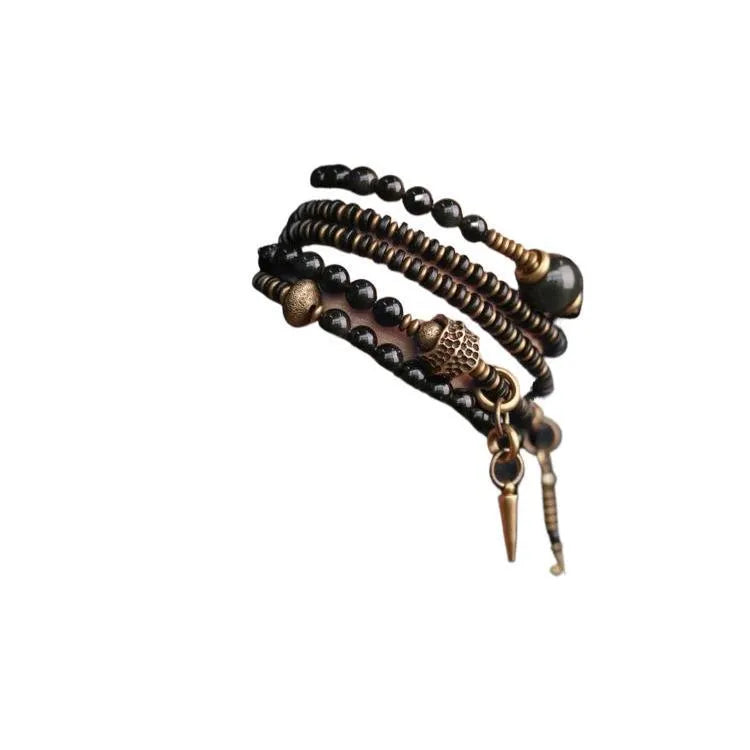 Black multi-layered bracelet with colourful geometric beads in retro design