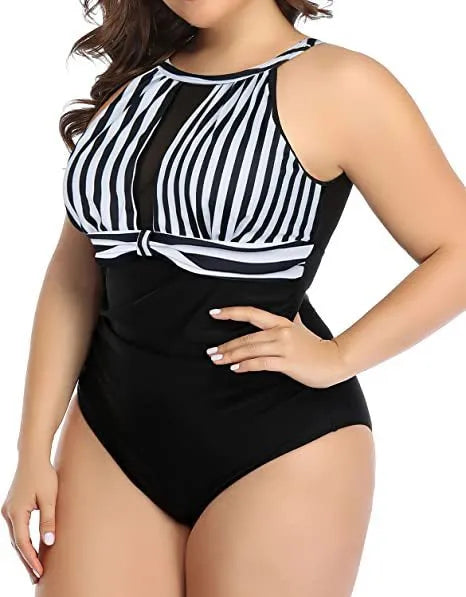 Women's solid colour one-piece swimsuit with lace detail, available in black, stripes, and red flower patterns.