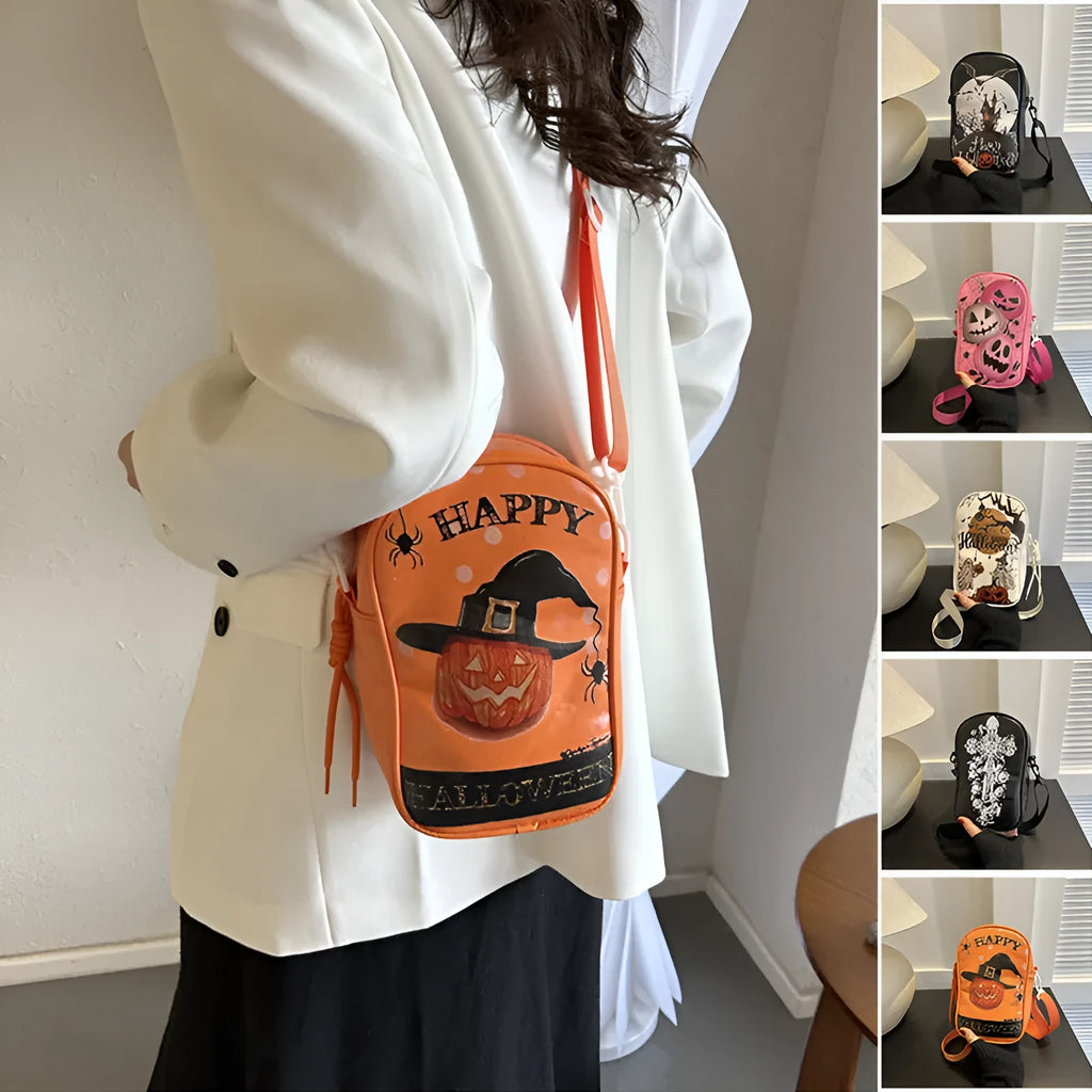 Halloween graffiti print mini crossbody bag with pumpkin ghost bat cartoon design in multiple colours