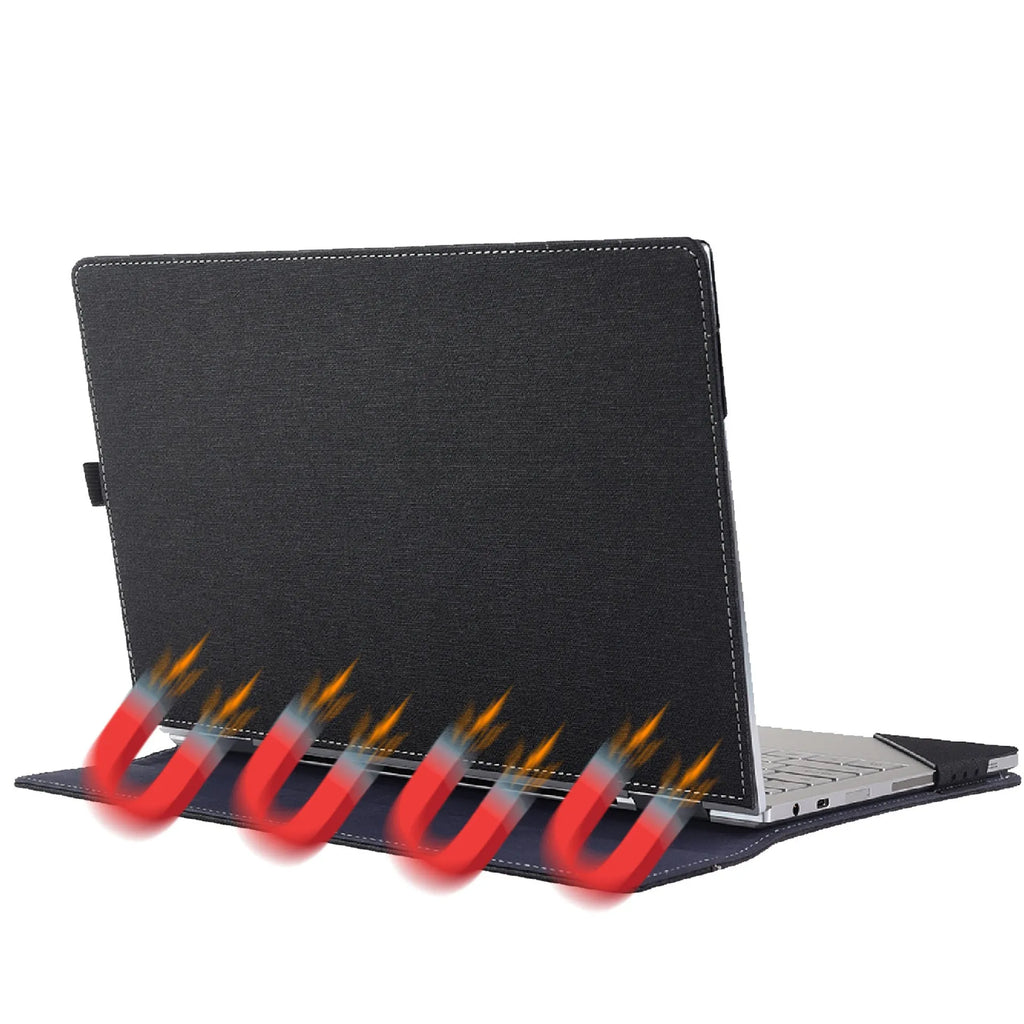 Black imitation leather laptop sleeve for Microsoft Surface Laptop 6 with Chinese style fabric craft detailing