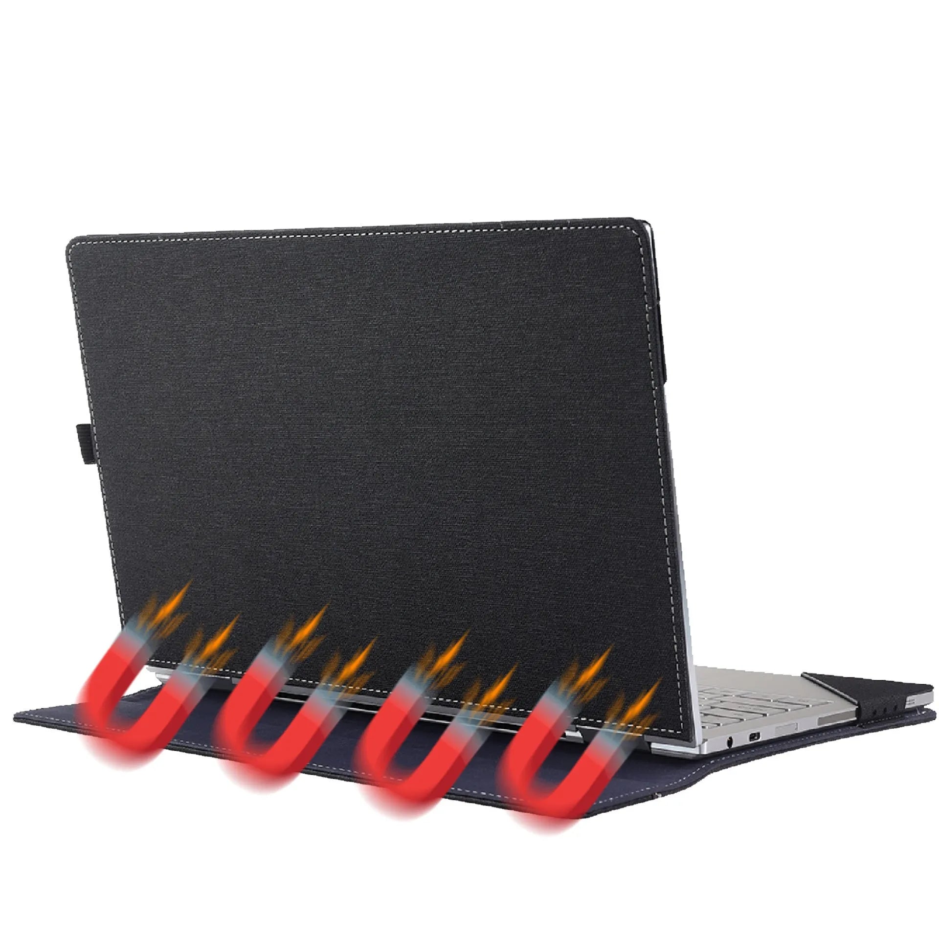 Black imitation leather laptop sleeve for Microsoft Surface Laptop 6 with Chinese style fabric craft detailing