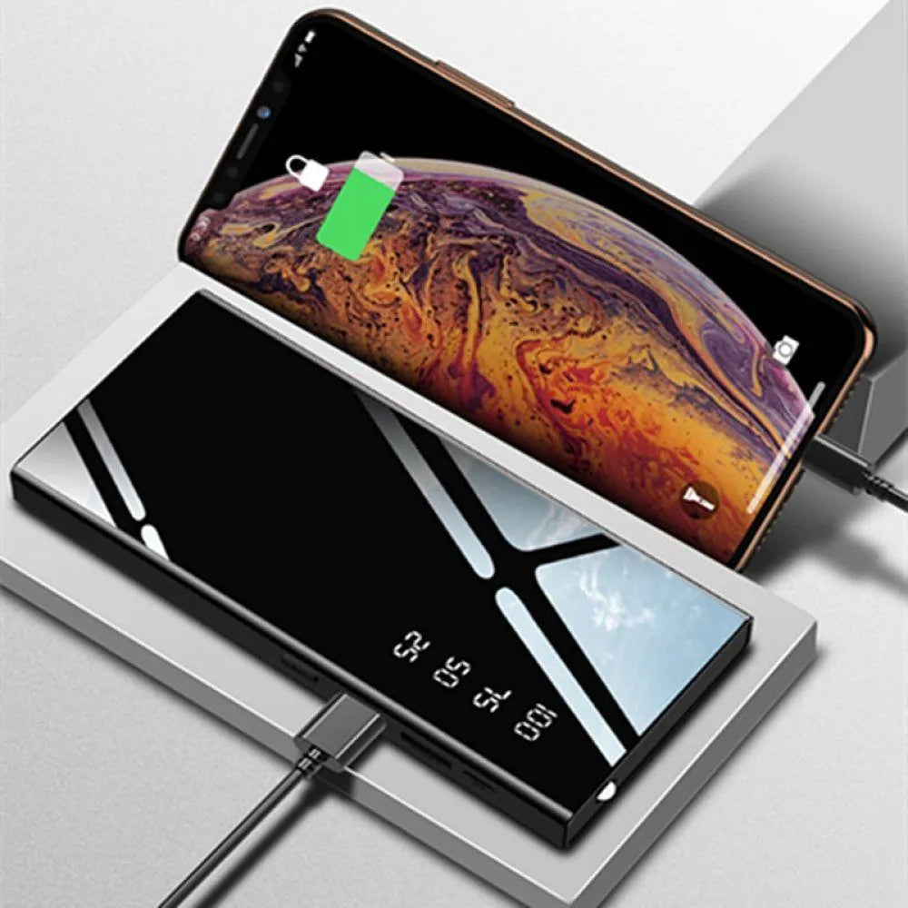Black 20000mAh power bank with LCD display screen and dual USB ports.