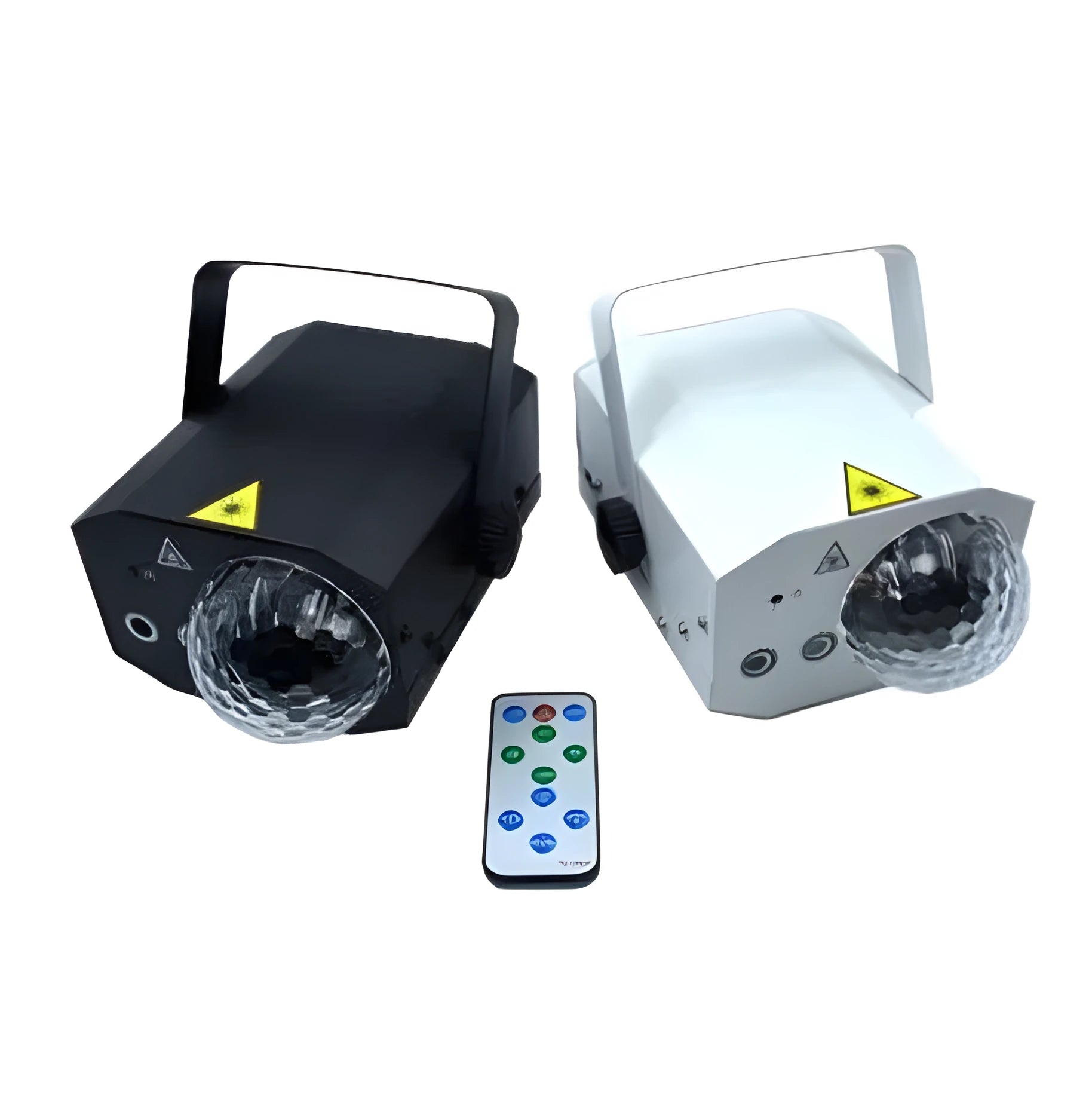 Black and white LED laser magic fan stage light with remote control on a stand.