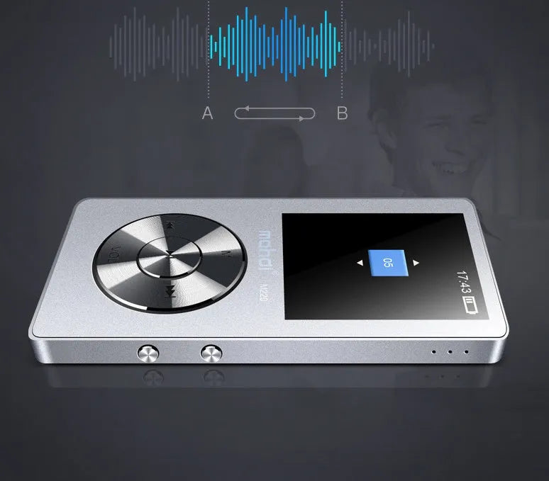 Gold all-metal portable MP3 music player with a 1.8-inch screen showing a music menu.