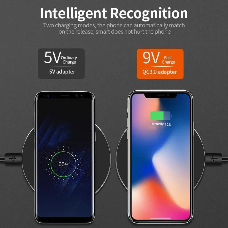 Black ultra-thin 9V QI wireless fast charger with USB cable on a desk.