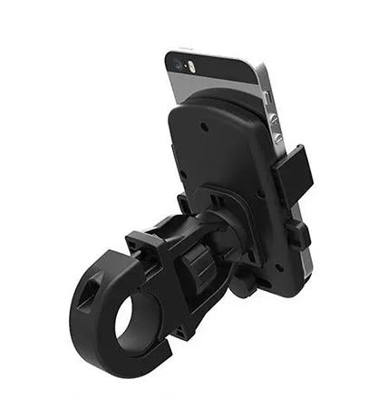 Black ABS plastic bicycle mobile phone holder with a security strap, mounted on handlebars.