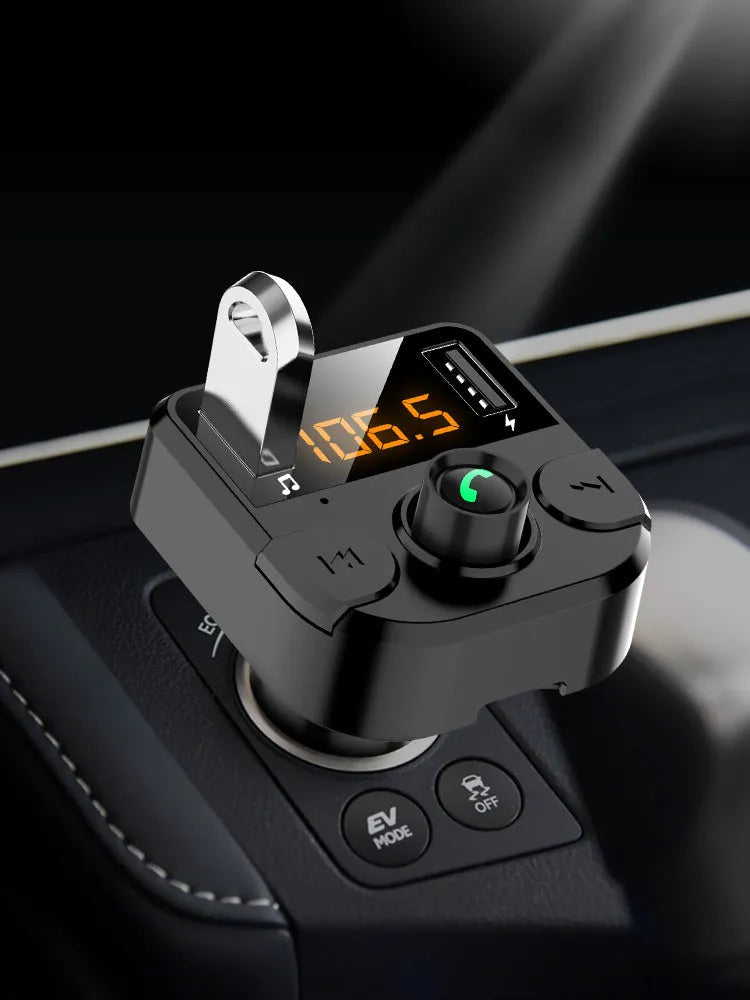 Black BT36B car MP3 Bluetooth player with 1.1-inch display for cigarette lighter power.