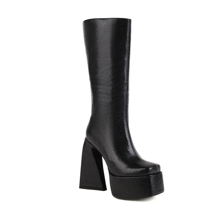 Women's black high boots with artificial PU leather upper showing side view