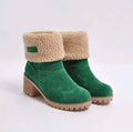 Women's mid-tube suede snow boots in green with a round toe and thick sole.