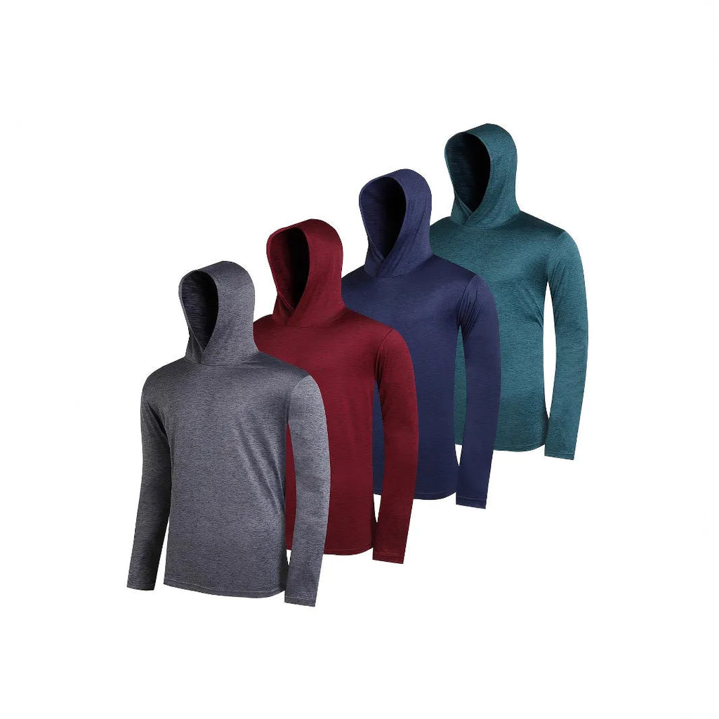 Four men's lightweight polyester hoodies bundled together, shown in assorted colours with hooded and non-hooded style options.