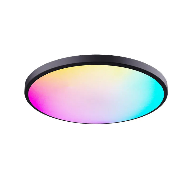 Circular black intelligent ceiling lamp with RGBCW LEDs, showing colour change and dimming via mobile APP.