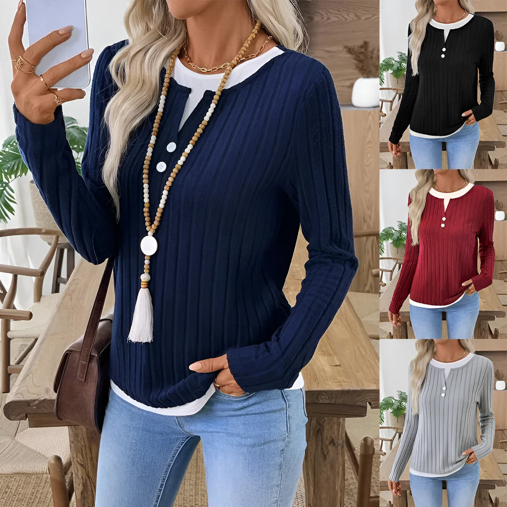 Women's fake two-piece round neck button pullover sweater in concave stripe polyester fabric