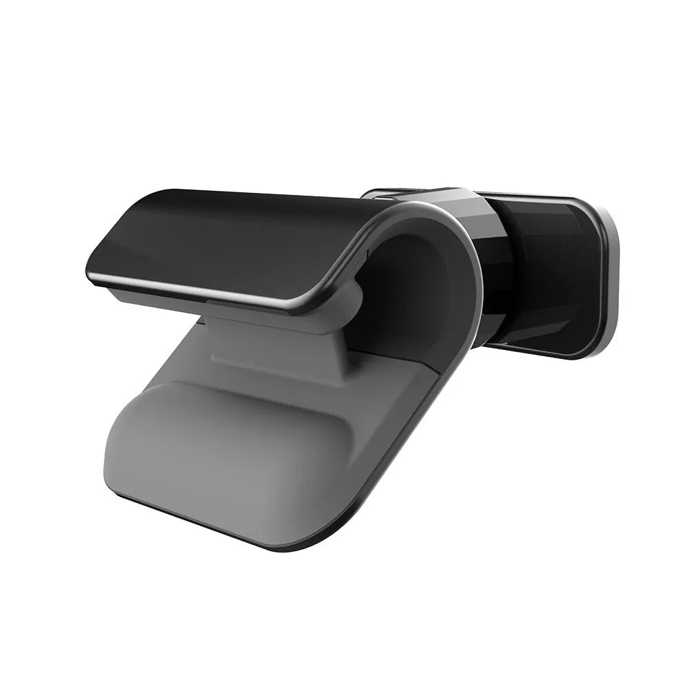 Black 360-degree rotating car phone holder mounted on car air vent with smartphone attached